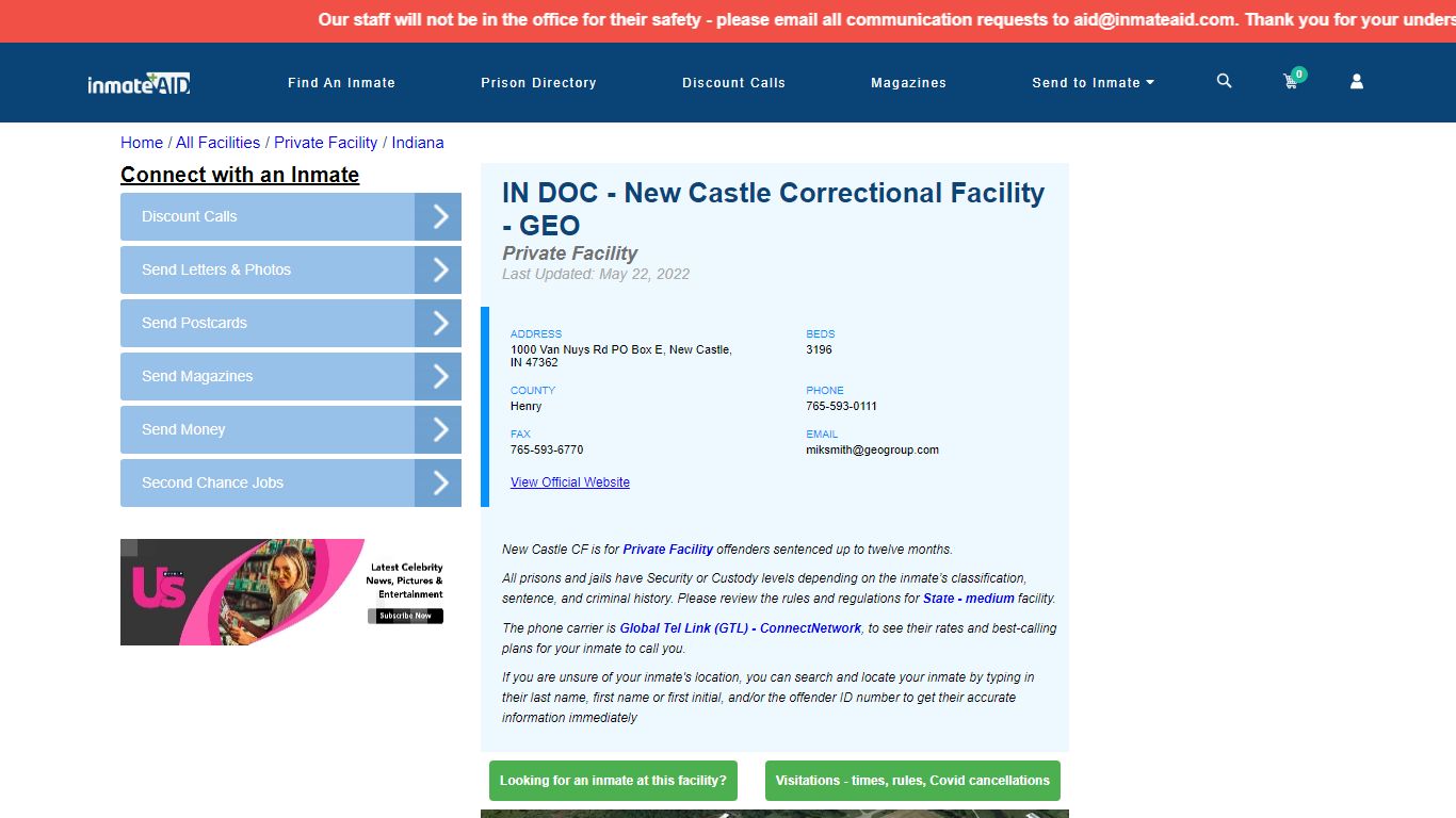IN DOC - New Castle Correctional Facility - GEO - Inmate ...